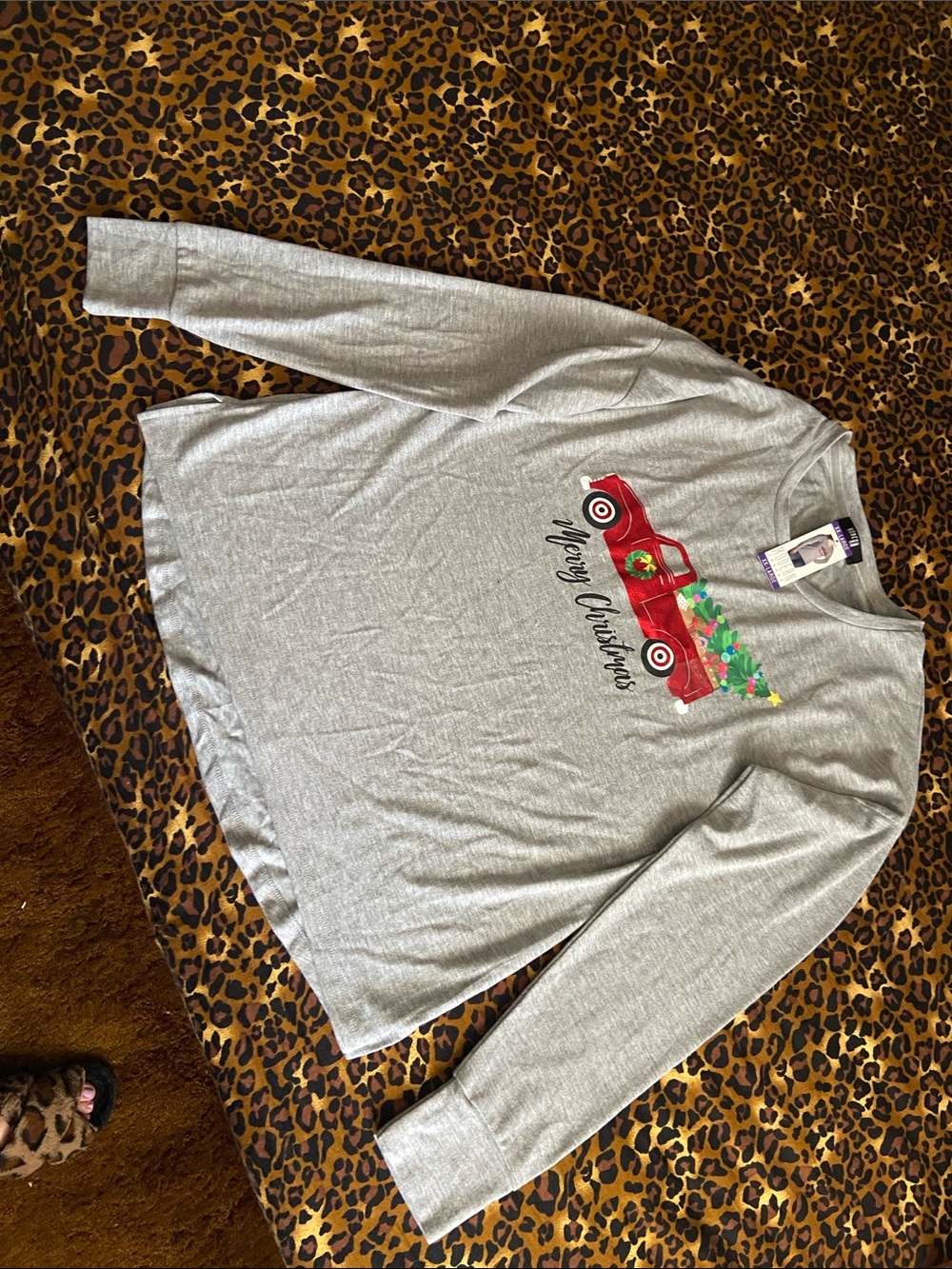Modern Canvas Gray Long Sleeve Christmas Tee with Red Truck Graphic - New